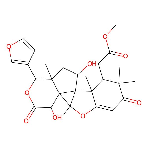 2D Structure of methyl 2-[(1S,2S,8R,9S,10S,11S,13R,14R,17R)-14-(furan-3-yl)-11,17-dihydroxy-2,7,7,9,13-pentamethyl-6,16-dioxo-3,15-dioxapentacyclo[8.7.0.01,13.02,10.04,9]heptadec-4-en-8-yl]acetate
