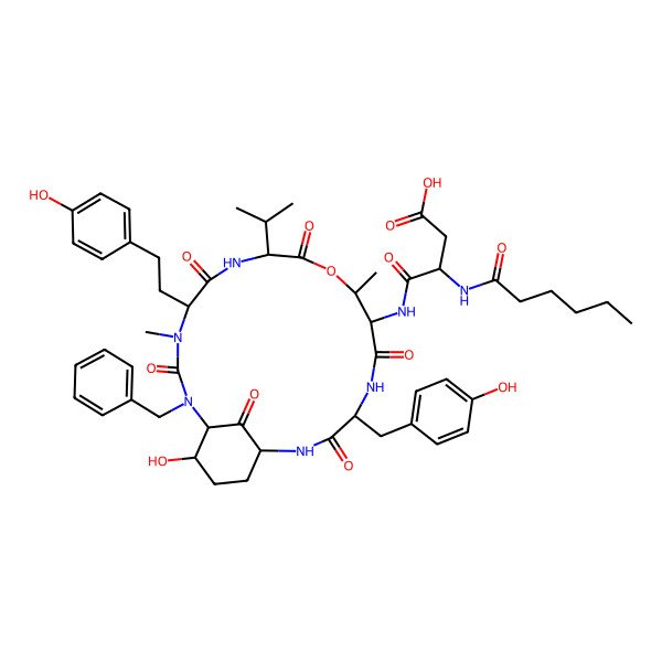 2D Structure of 4-[[2-Benzyl-21-hydroxy-5-[2-(4-hydroxyphenyl)ethyl]-15-[(4-hydroxyphenyl)methyl]-4,11-dimethyl-3,6,9,13,16,22-hexaoxo-8-propan-2-yl-10-oxa-2,4,7,14,17-pentazabicyclo[16.3.1]docosan-12-yl]amino]-3-(hexanoylamino)-4-oxobutanoic acid