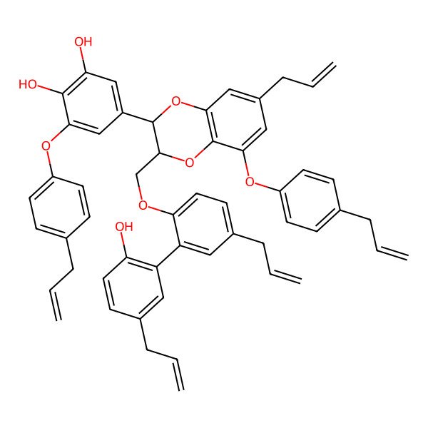 2D Structure of 5-[(2R,3R)-3-[[2-(2-hydroxy-5-prop-2-enylphenyl)-4-prop-2-enylphenoxy]methyl]-7-prop-2-enyl-5-(4-prop-2-enylphenoxy)-2,3-dihydro-1,4-benzodioxin-2-yl]-3-(4-prop-2-enylphenoxy)benzene-1,2-diol