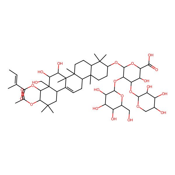 2D Structure of (2S,3S,4S,5R,6R)-6-[[(3S,4aR,6aR,6bS,7R,8S,8aR,9R,10R,12aS,14aR,14bR)-10-acetyloxy-7,8-dihydroxy-8a-(hydroxymethyl)-4,4,6a,6b,11,11,14b-heptamethyl-9-[(Z)-2-methylbut-2-enoyl]oxy-1,2,3,4a,5,6,7,8,9,10,12,12a,14,14a-tetradecahydropicen-3-yl]oxy]-3-hydroxy-5-[(2S,3R,4S,5S,6R)-3,4,5-trihydroxy-6-(hydroxymethyl)oxan-2-yl]oxy-4-[(2S,3R,4S,5S)-3,4,5-trihydroxyoxan-2-yl]oxyoxane-2-carboxylic acid