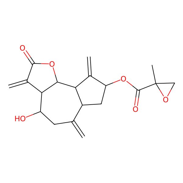 2D Structure of (4-Hydroxy-3,6,9-trimethylidene-2-oxo-3a,4,5,6a,7,8,9a,9b-octahydroazuleno[4,5-b]furan-8-yl) 2-methyloxirane-2-carboxylate