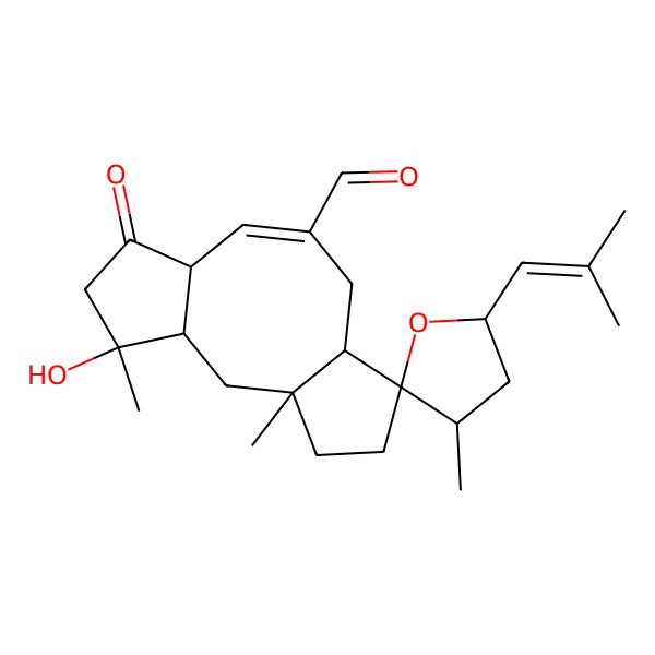 2D Structure of 4'-Hydroxy-1',3,4'-trimethyl-5-(2-methylprop-1-enyl)-6'-oxospiro[oxolane-2,12'-tricyclo[9.3.0.03,7]tetradec-8-ene]-9'-carbaldehyde
