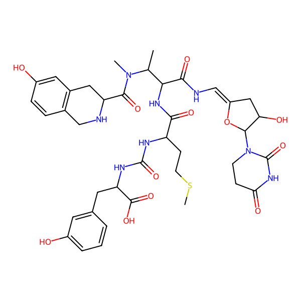 2D Structure of 2-[[1-[[1-[[5-(2,4-Dioxo-1,3-diazinan-1-yl)-4-hydroxyoxolan-2-ylidene]methylamino]-3-[(6-hydroxy-1,2,3,4-tetrahydroisoquinoline-3-carbonyl)-methylamino]-1-oxobutan-2-yl]amino]-4-methylsulfanyl-1-oxobutan-2-yl]carbamoylamino]-3-(3-hydroxyphenyl)propanoic acid