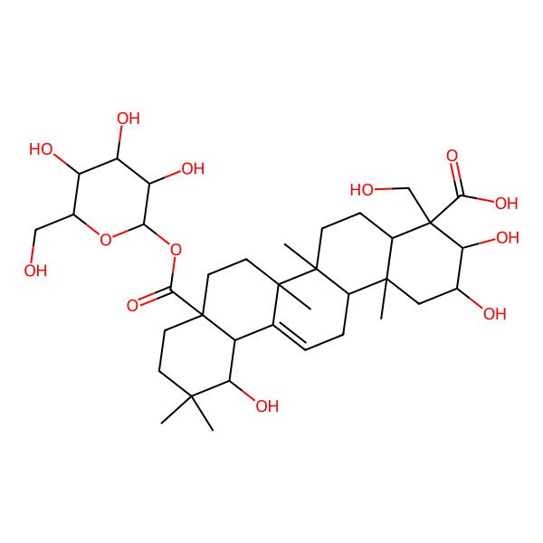 2D Structure of 2,3,12-Trihydroxy-4-(hydroxymethyl)-6a,6b,11,11,14b-pentamethyl-8a-[3,4,5-trihydroxy-6-(hydroxymethyl)oxan-2-yl]oxycarbonyl-1,2,3,4a,5,6,7,8,9,10,12,12a,14,14a-tetradecahydropicene-4-carboxylic acid