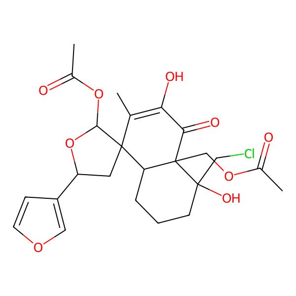 2D Structure of [(2'S,4R,4aS,5'S,8S,8aR)-2'-acetyloxy-4-(chloromethyl)-5'-(furan-3-yl)-4,6-dihydroxy-7-methyl-5-oxospiro[1,2,3,8a-tetrahydronaphthalene-8,3'-oxolane]-4a-yl]methyl acetate