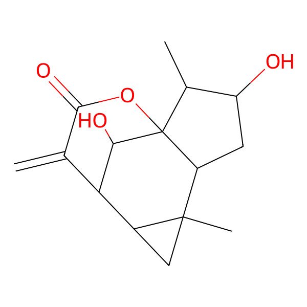 2D Structure of (1R,2S,3S,5S,6R,8R,9S,13R)-3,13-dihydroxy-2,6-dimethyl-10-methylidene-12-oxatetracyclo[7.3.1.01,5.06,8]tridecan-11-one