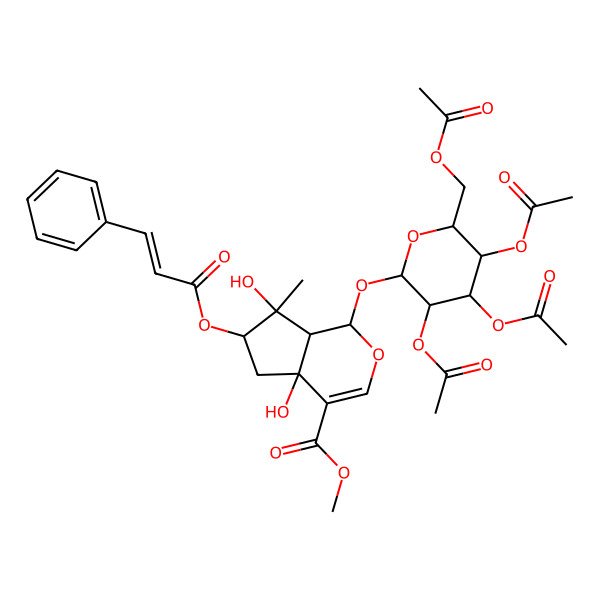2D Structure of methyl (1S,4aR,6S,7R,7aS)-4a,7-dihydroxy-7-methyl-6-[(Z)-3-phenylprop-2-enoyl]oxy-1-[(2R,3R,4S,5R,6R)-3,4,5-triacetyloxy-6-(acetyloxymethyl)oxan-2-yl]oxy-1,5,6,7a-tetrahydrocyclopenta[c]pyran-4-carboxylate