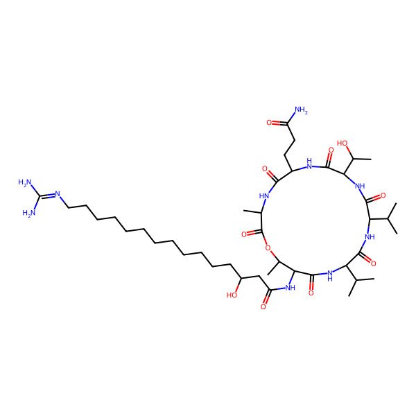2D Structure of (3R)-N-[(3R,6R,9R,12S,15R,18S,19R)-6-(3-amino-3-oxopropyl)-9-[(1R)-1-hydroxyethyl]-3,19-dimethyl-2,5,8,11,14,17-hexaoxo-12,15-di(propan-2-yl)-1-oxa-4,7,10,13,16-pentazacyclononadec-18-yl]-15-(diaminomethylideneamino)-3-hydroxypentadecanamide