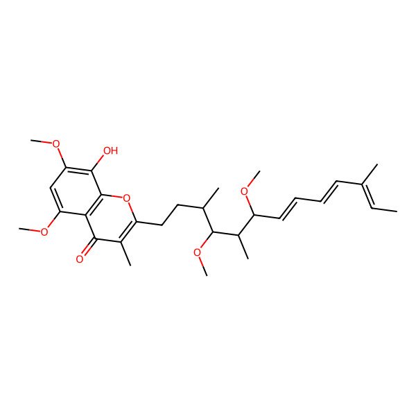 2D Structure of 2-[(3R,4S,5S,6S,7E,9E,11E)-4,6-dimethoxy-3,5,11-trimethyltrideca-7,9,11-trienyl]-8-hydroxy-5,7-dimethoxy-3-methylchromen-4-one