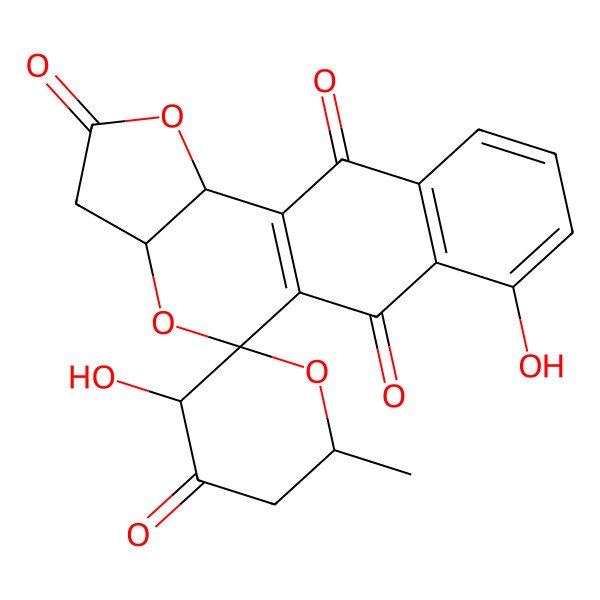 2D Structure of 3',4-Dihydroxy-6'-methylspiro[12,16-dioxatetracyclo[8.7.0.03,8.011,15]heptadeca-1(10),3(8),4,6-tetraene-17,2'-oxane]-2,4',9,13-tetrone