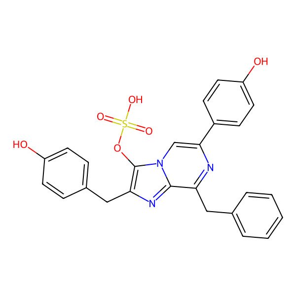 2D Structure of [8-Benzyl-6-(4-hydroxyphenyl)-2-[(4-hydroxyphenyl)methyl]imidazo[1,2-a]pyrazin-3-yl] hydrogen sulfate