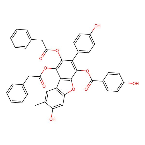 2D Structure of [7-Hydroxy-3-(4-hydroxyphenyl)-8-methyl-1,2-bis[(2-phenylacetyl)oxy]dibenzofuran-4-yl] 4-hydroxybenzoate