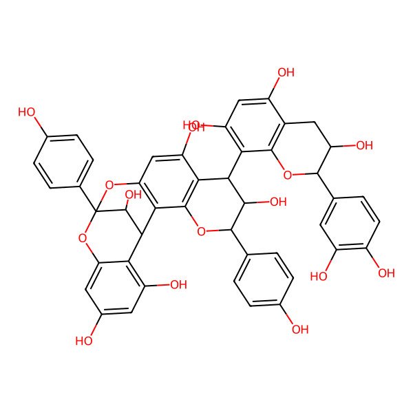 2D Structure of 7-[2-(3,4-dihydroxyphenyl)-3,5,7-trihydroxy-3,4-dihydro-2H-chromen-8-yl]-5,13-bis(4-hydroxyphenyl)-4,12,14-trioxapentacyclo[11.7.1.02,11.03,8.015,20]henicosa-2(11),3(8),9,15,17,19-hexaene-6,9,17,19,21-pentol