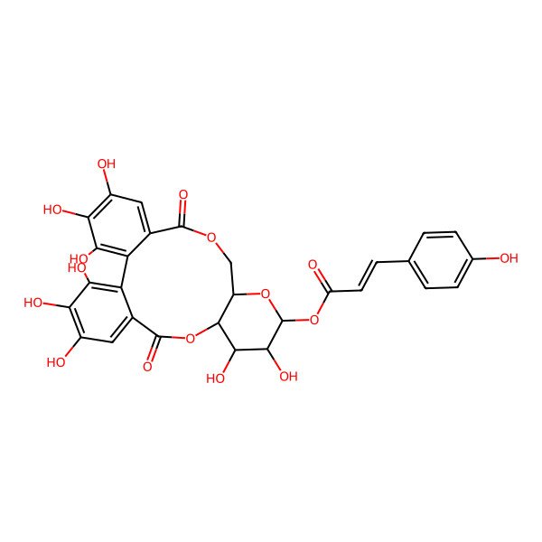 2D Structure of [(10S,11R,12R,13S,15R)-3,4,5,11,12,21,22,23-octahydroxy-8,18-dioxo-9,14,17-trioxatetracyclo[17.4.0.02,7.010,15]tricosa-1(23),2,4,6,19,21-hexaen-13-yl] (E)-3-(4-hydroxyphenyl)prop-2-enoate
