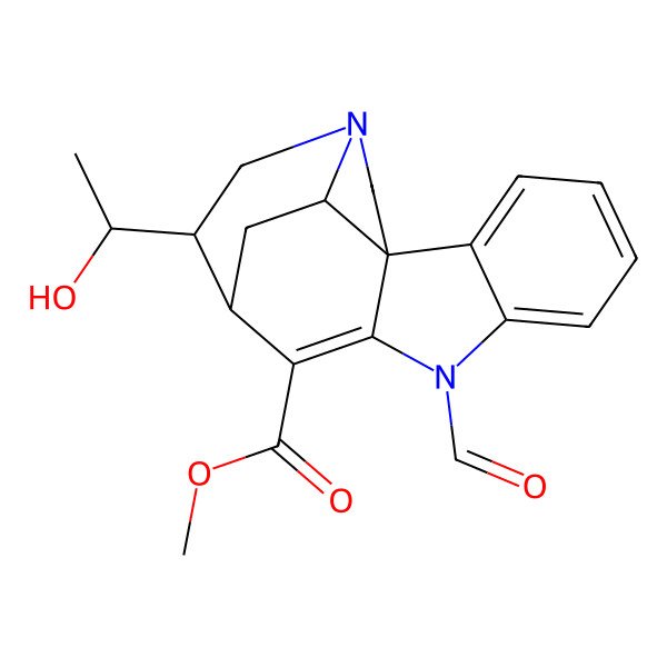 2D Structure of methyl (1R,11S,12S,17S)-8-formyl-12-[(1S)-1-hydroxyethyl]-8,14-diazapentacyclo[9.5.2.01,9.02,7.014,17]octadeca-2,4,6,9-tetraene-10-carboxylate
