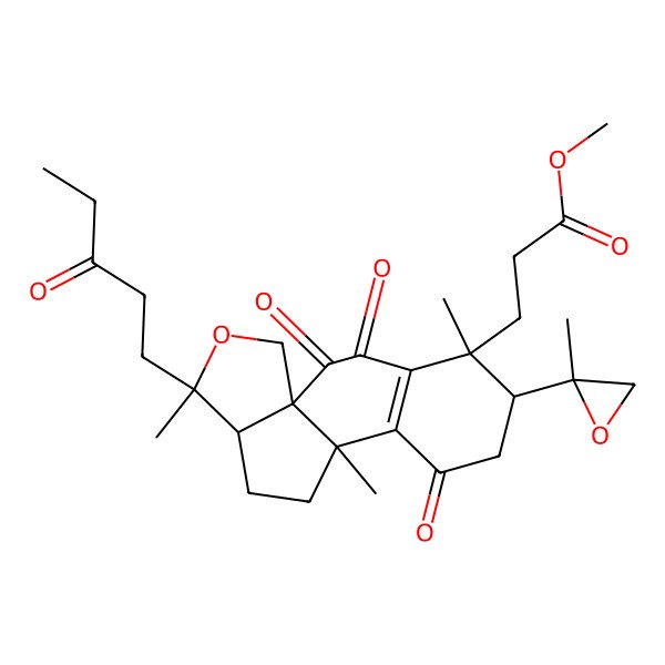 2D Structure of Methyl 3-[5,10,14-trimethyl-6-(2-methyloxiran-2-yl)-2,3,8-trioxo-14-(3-oxopentyl)-15-oxatetracyclo[8.6.0.01,13.04,9]hexadec-4(9)-en-5-yl]propanoate