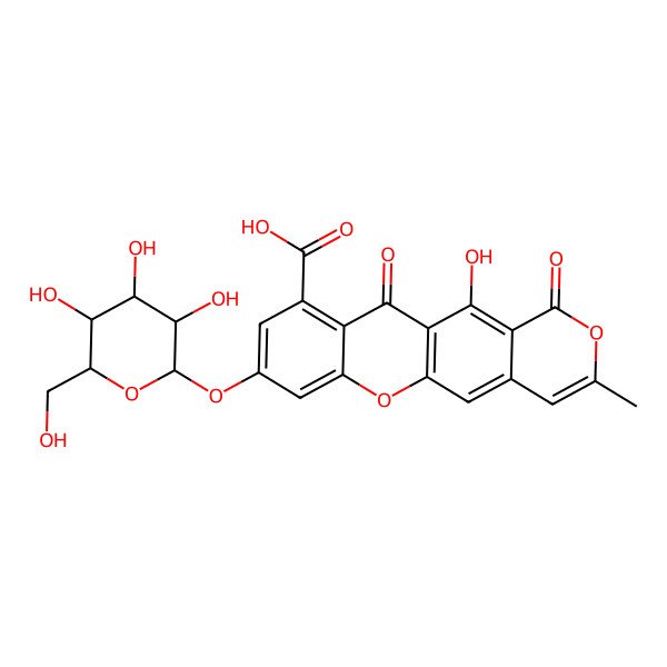 2D Structure of 1H,11H-Pyrano(3,4-b)xanthene-10-carboxylic acid, 8-(beta-D-glucopyranosyloxy)-12-hydroxy-3-methyl-1,11-dioxo-