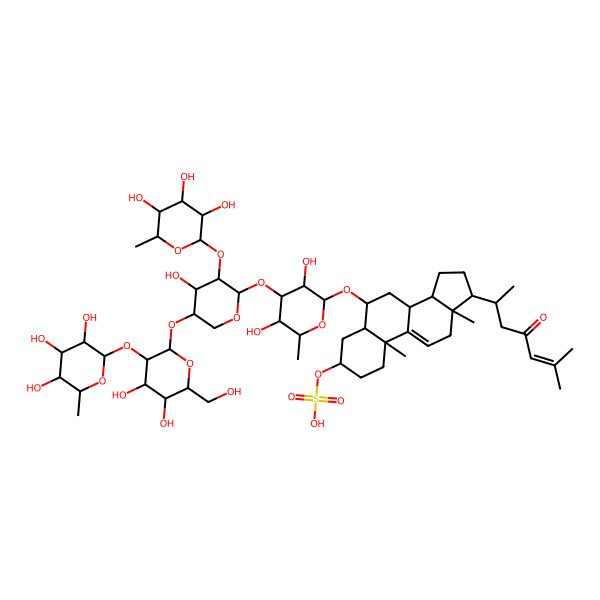 2D Structure of [(3S,5S,6S,8S,10S,13R,14S,17R)-6-[(2R,3R,4S,5R,6R)-4-[(2S,3R,4S,5R)-5-[(2S,3R,4S,5R,6R)-4,5-dihydroxy-6-(hydroxymethyl)-3-[(2S,3R,4S,5R,6R)-3,4,5-trihydroxy-6-methyloxan-2-yl]oxyoxan-2-yl]oxy-4-hydroxy-3-[(2S,3R,4S,5S,6R)-3,4,5-trihydroxy-6-methyloxan-2-yl]oxyoxan-2-yl]oxy-3,5-dihydroxy-6-methyloxan-2-yl]oxy-10,13-dimethyl-17-[(2R)-6-methyl-4-oxohept-5-en-2-yl]-2,3,4,5,6,7,8,12,14,15,16,17-dodecahydro-1H-cyclopenta[a]phenanthren-3-yl] hydrogen sulfate