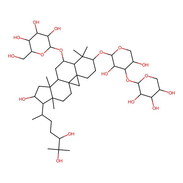 2D Structure of (2R,3R,4S,5S,6R)-2-[[(1S,3R,6S,9S,11S,12S,14S,15R,16R)-15-[(2R,5S)-5,6-dihydroxy-6-methylheptan-2-yl]-6-[(2S,3R,4S,5R)-3,5-dihydroxy-4-[(2S,3R,4S,5R)-3,4,5-trihydroxyoxan-2-yl]oxyoxan-2-yl]oxy-14-hydroxy-7,7,12,16-tetramethyl-9-pentacyclo[9.7.0.01,3.03,8.012,16]octadecanyl]oxy]-6-(hydroxymethyl)oxane-3,4,5-triol