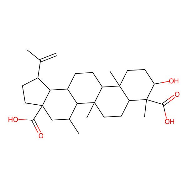 2D Structure of 9-hydroxy-5,5b,8,11a-tetramethyl-1-prop-1-en-2-yl-2,3,4,5,5a,6,7,7a,9,10,11,11b,12,13,13a,13b-hexadecahydro-1H-cyclopenta[a]chrysene-3a,8-dicarboxylic acid