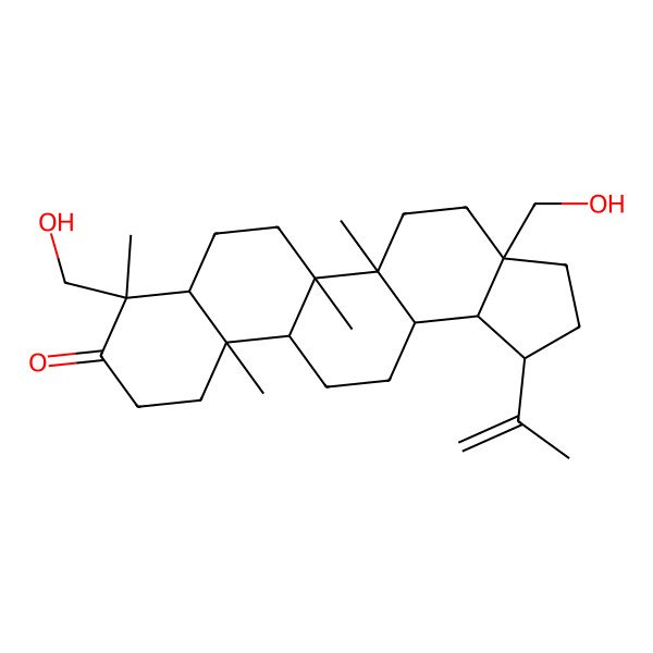 2D Structure of (1R,3aS,5aR,5bR,7aR,8S,11aR,11bR,13aR,13bR)-3a,8-bis(hydroxymethyl)-5a,5b,8,11a-tetramethyl-1-prop-1-en-2-yl-2,3,4,5,6,7,7a,10,11,11b,12,13,13a,13b-tetradecahydro-1H-cyclopenta[a]chrysen-9-one