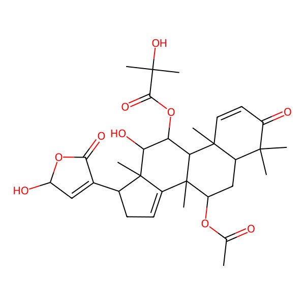 2D Structure of [(5R,7R,8R,9R,10S,11S,12R,13S,17R)-7-acetyloxy-12-hydroxy-17-(2-hydroxy-5-oxo-2H-furan-4-yl)-4,4,8,10,13-pentamethyl-3-oxo-5,6,7,9,11,12,16,17-octahydrocyclopenta[a]phenanthren-11-yl] 2-hydroxy-2-methylpropanoate