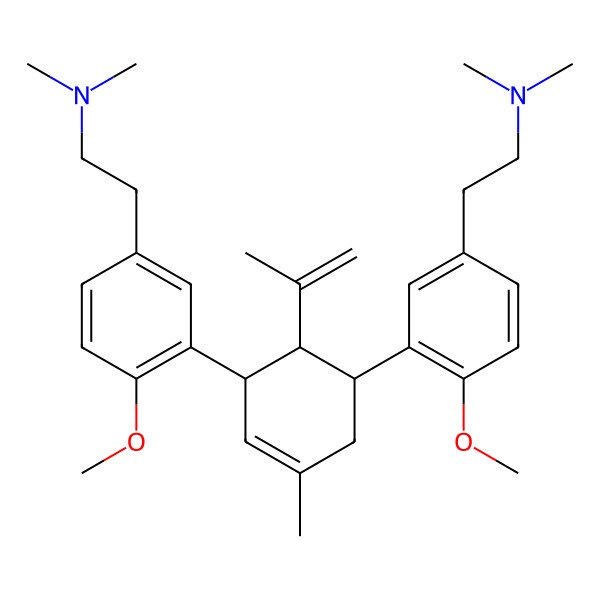 2D Structure of 2-[3-[5-[5-[2-(dimethylamino)ethyl]-2-methoxyphenyl]-3-methyl-6-prop-1-en-2-ylcyclohex-3-en-1-yl]-4-methoxyphenyl]-N,N-dimethylethanamine