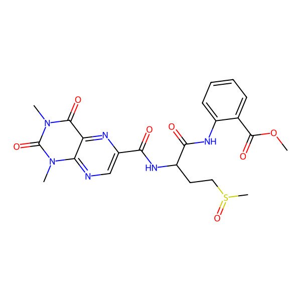 2D Structure of Methyl 2-[[2-[(1,3-dimethyl-2,4-dioxopteridine-6-carbonyl)amino]-4-methylsulfinylbutanoyl]amino]benzoate