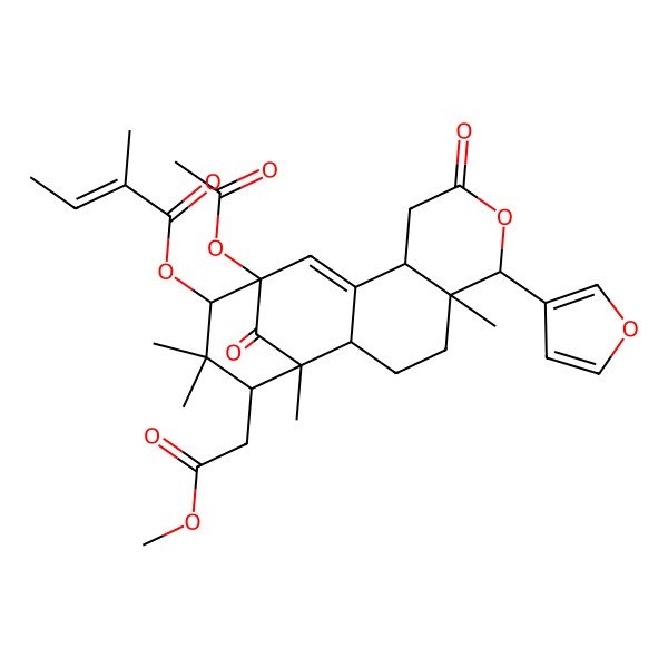 2D Structure of [(1R,5R,6R,13R,14S,16S)-13-acetyloxy-6-(furan-3-yl)-16-(2-methoxy-2-oxoethyl)-1,5,15,15-tetramethyl-8,17-dioxo-7-oxatetracyclo[11.3.1.02,11.05,10]heptadec-11-en-14-yl] (E)-2-methylbut-2-enoate
