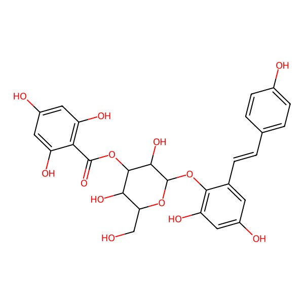2D Structure of [2-[2,4-Dihydroxy-6-[2-(4-hydroxyphenyl)ethenyl]phenoxy]-3,5-dihydroxy-6-(hydroxymethyl)oxan-4-yl] 2,4,6-trihydroxybenzoate