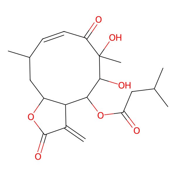 2D Structure of [(3aR,4S,5R,6R,8Z,10R,11aR)-5,6-dihydroxy-6,10-dimethyl-3-methylidene-2,7-dioxo-3a,4,5,10,11,11a-hexahydrocyclodeca[b]furan-4-yl] 3-methylbutanoate