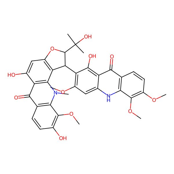 2D Structure of rel-(1R,2S)-1-(9,10-Dihydro-1-hydroxy-3,5,6-trimethoxy-9-oxo-2-acridinyl)-1,11-dihydro-5,9-dihydroxy-2-(1-hydroxy-1-methylethyl)-10-methoxy-11-methylfuro[2,3-c]acridin-6(2H)-one