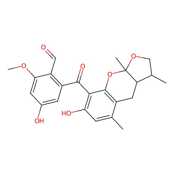 2D Structure of 4-Hydroxy-2-(7-hydroxy-3,5,9a-trimethyl-2,3,3a,4-tetrahydrofuro[2,3-b]chromene-8-carbonyl)-6-methoxybenzaldehyde