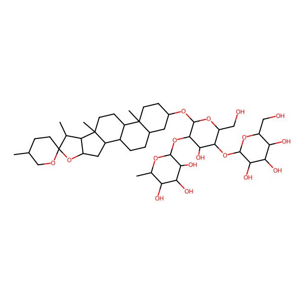 2D Structure of (2S,3R,4R,6S)-2-[(4S,5R,6R)-4-hydroxy-6-(hydroxymethyl)-2-[(1R,6R,9S,13S,16S)-5',7,9,13-tetramethylspiro[5-oxapentacyclo[10.8.0.02,9.04,8.013,18]icosane-6,2'-oxane]-16-yl]oxy-5-[(2S,3R,5S)-3,4,5-trihydroxy-6-(hydroxymethyl)oxan-2-yl]oxyoxan-3-yl]oxy-6-methyloxane-3,4,5-triol