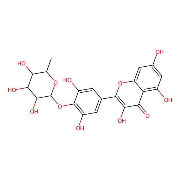 2D Structure of 2-[3,5-dihydroxy-4-[(2S,3R,4R,5R,6S)-3,4,5-trihydroxy-6-methyloxan-2-yl]oxyphenyl]-3,5,7-trihydroxychromen-4-one