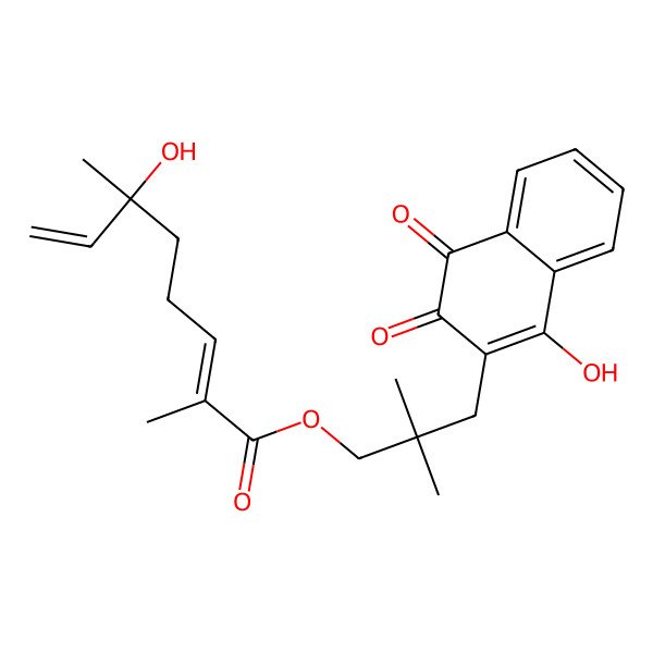 2D Structure of [3-(1-hydroxy-3,4-dioxonaphthalen-2-yl)-2,2-dimethylpropyl] (2E)-6-hydroxy-2,6-dimethylocta-2,7-dienoate
