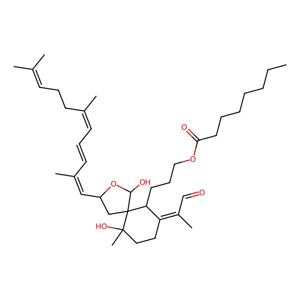 2D Structure of 3-[1,6-Dihydroxy-6-methyl-9-(1-oxopropan-2-ylidene)-3-(2,6,10-trimethylundeca-1,3,5,9-tetraenyl)-2-oxaspiro[4.5]decan-10-yl]propyl octanoate