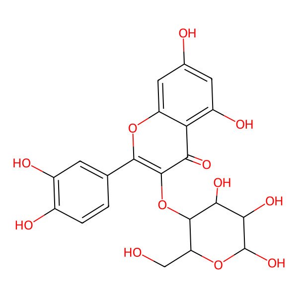 2D Structure of 2-(3,4-dihydroxyphenyl)-5,7-dihydroxy-3-[(2S,3R,4R,5S,6R)-4,5,6-trihydroxy-2-(hydroxymethyl)oxan-3-yl]oxychromen-4-one