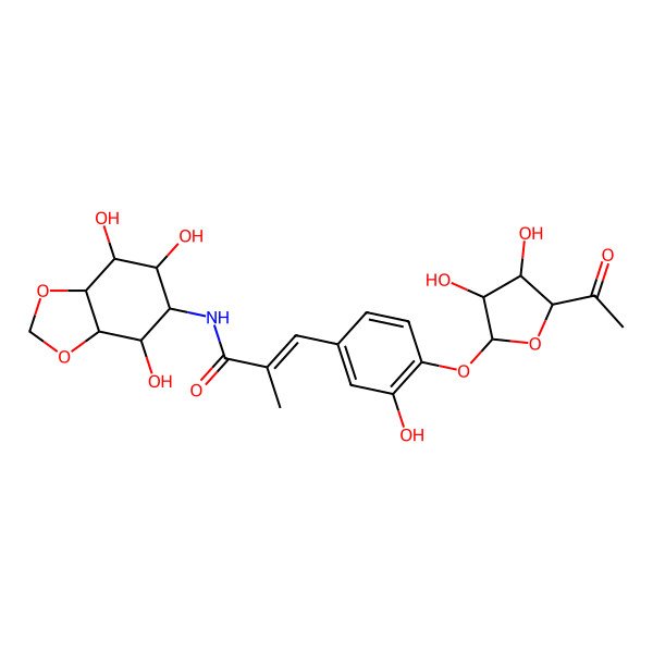 2D Structure of (E)-N-[(3aR,4S,5R,6R,7S,7aS)-4,6,7-trihydroxy-3a,4,5,6,7,7a-hexahydro-1,3-benzodioxol-5-yl]-3-[4-[(2S,3S,4S,5S)-5-acetyl-3,4-dihydroxyoxolan-2-yl]oxy-3-hydroxyphenyl]-2-methylprop-2-enamide