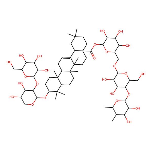 2D Structure of [(2S,3R,4S,5S,6R)-6-[[(2R,3R,4R,5S,6R)-5-[(2S,3R,4R,5R,6S)-3,4-dihydroxy-5,6-dimethyloxan-2-yl]oxy-3,4-dihydroxy-6-(hydroxymethyl)oxan-2-yl]oxymethyl]-3,4,5-trihydroxyoxan-2-yl] (4aS,6aR,6aS,6bR,8aR,10S,12aR,14bS)-10-[(2S,3R,4S,5S)-4,5-dihydroxy-3-[(2S,3R,4S,5S,6R)-3,4,5-trihydroxy-6-(hydroxymethyl)oxan-2-yl]oxyoxan-2-yl]oxy-2,2,6a,6b,9,9,12a-heptamethyl-1,3,4,5,6,6a,7,8,8a,10,11,12,13,14b-tetradecahydropicene-4a-carboxylate