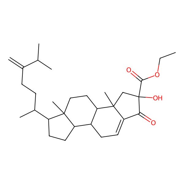 2D Structure of Ethyl 2-hydroxy-3a,5a-dimethyl-6-(6-methyl-5-methylideneheptan-2-yl)-1-oxo-3,3b,4,5,6,7,8,8a,8b,9-decahydroindeno[5,4-e]indene-2-carboxylate