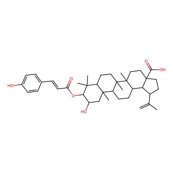 2D Structure of (1R,3aS,5aR,5bR,7aR,9R,10R,11aR,11bR,13aS,13bS)-10-hydroxy-9-[(E)-3-(4-hydroxyphenyl)prop-2-enoyl]oxy-5a,5b,8,8,11a-pentamethyl-1-prop-1-en-2-yl-1,2,3,4,5,6,7,7a,9,10,11,11b,12,13,13a,13b-hexadecahydrocyclopenta[a]chrysene-3a-carboxylic acid