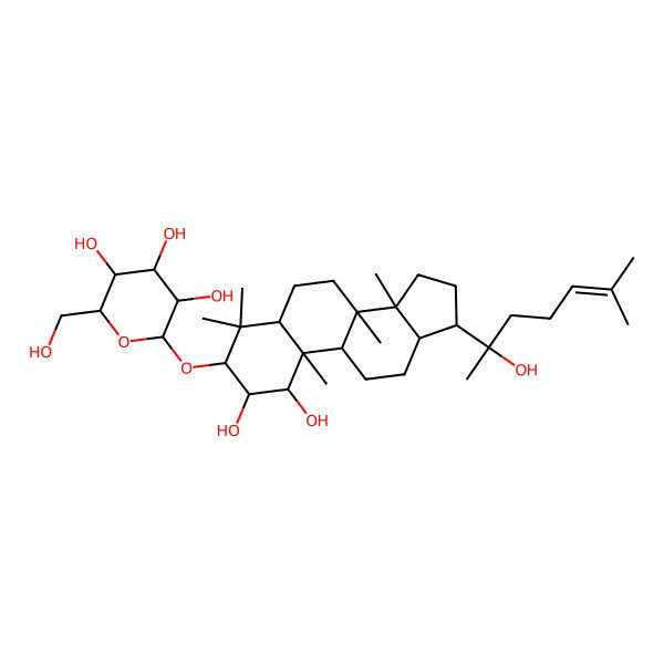 2D Structure of 2-[[1,2-dihydroxy-17-(2-hydroxy-6-methylhept-5-en-2-yl)-4,4,8,10,14-pentamethyl-2,3,5,6,7,9,11,12,13,15,16,17-dodecahydro-1H-cyclopenta[a]phenanthren-3-yl]oxy]-6-(hydroxymethyl)oxane-3,4,5-triol