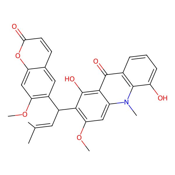 2D Structure of 1,5-dihydroxy-3-methoxy-2-[(1S)-1-(7-methoxy-2-oxochromen-6-yl)-3-methylbut-2-enyl]-10-methylacridin-9-one