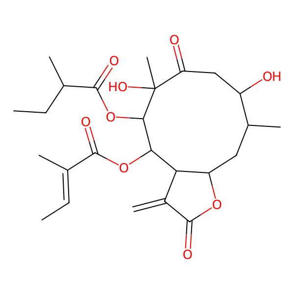 2D Structure of [(3aS,4S,5R,6R,9R,10R,11aR)-6,9-dihydroxy-6,10-dimethyl-4-[(Z)-2-methylbut-2-enoyl]oxy-3-methylidene-2,7-dioxo-3a,4,5,8,9,10,11,11a-octahydrocyclodeca[b]furan-5-yl] (2R)-2-methylbutanoate