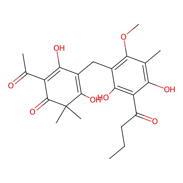 2D Structure of 2-Acetyl-4-[(3-butanoyl-2,4-dihydroxy-6-methoxy-5-methylphenyl)methyl]-3,5-dihydroxy-6,6-dimethylcyclohexa-2,4-dien-1-one