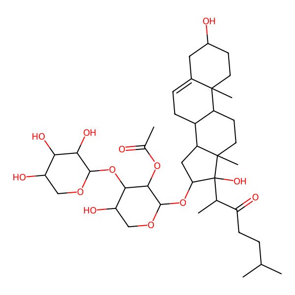 2D Structure of (2S,3R,4S,5S)-2-(((3S,8R,9S,10R,13S,14S,16S,17S)-3,17-Dihydroxy-10,13-dimethyl-17-((S)-6-methyl-3-oxoheptan-2-yl)-2,3,4,7,8,9,10,11,12,13,14,15,16,17-tetradecahydro-1H-cyclopenta[a]phenanthren-16-yl)oxy)-5-hydroxy-4-(((2S,3R,4S,5R)-3,4,5-trihydroxytetrahydro-2H-pyran-2-yl)oxy)tetrahydro-2H-pyran-3-yl acetate