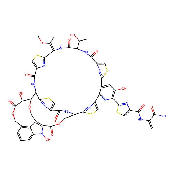 2D Structure of N-(3-amino-3-oxoprop-1-en-2-yl)-2-[(1S,18S,21E,28S,29S,30S)-9,30,52-trihydroxy-18-[(1R)-1-hydroxyethyl]-21-(1-methoxyethylidene)-16,19,26,31,42,46-hexaoxo-32,43,54-trioxa-3,13,23,49-tetrathia-7,17,20,27,45,51,52,55,56,57-decazadecacyclo[26.16.6.229,40.12,5.112,15.122,25.138,41.147,50.06,11.034,39]heptapentaconta-2(57),4,6,8,10,12(56),14,22(55),24,34(39),35,37,40,47,50-pentadecaen-8-yl]-1,3-thiazole-4-carboxamide