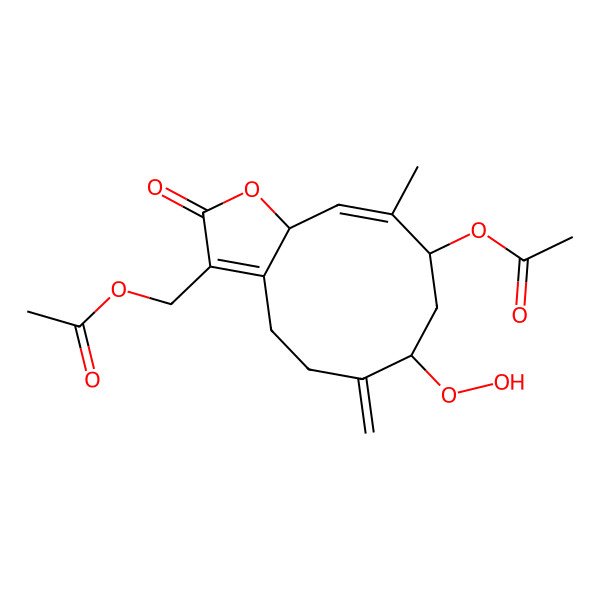 2D Structure of (9-Acetyloxy-7-hydroperoxy-10-methyl-6-methylidene-2-oxo-4,5,7,8,9,11a-hexahydrocyclodeca[b]furan-3-yl)methyl acetate