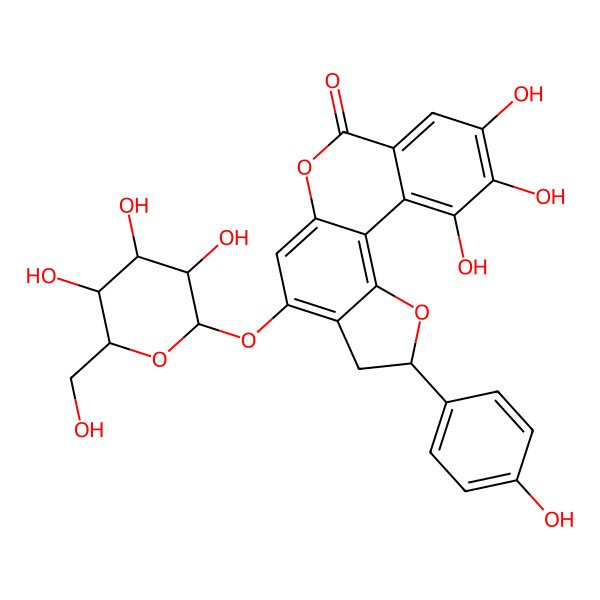 2D Structure of (2R)-9,10,11-trihydroxy-2-(4-hydroxyphenyl)-4-[(2S,3R,4S,5S,6R)-3,4,5-trihydroxy-6-(hydroxymethyl)oxan-2-yl]oxy-2,3-dihydro-[1]benzofuro[6,7-c]isochromen-7-one